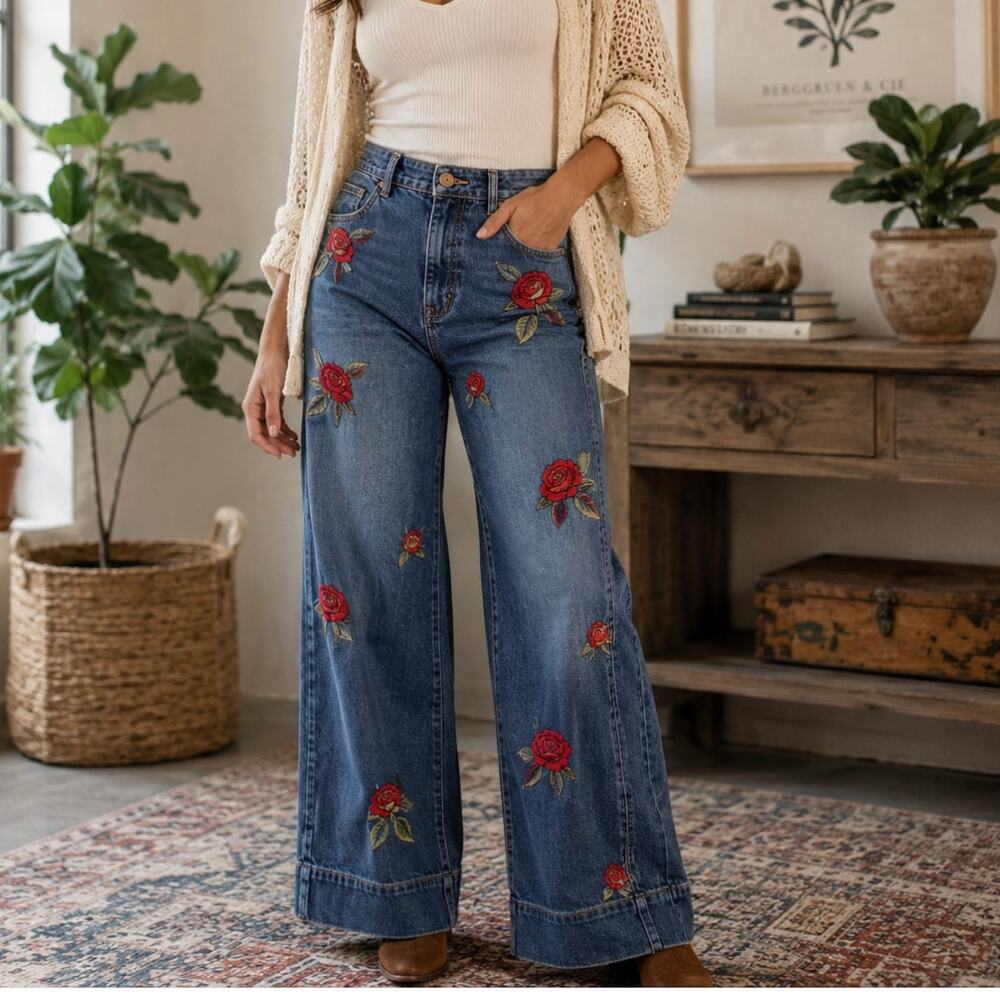 Maeve Anthropologie Rose Embroidered Wide Leg Jeans Size 26 Floral Boho Denim